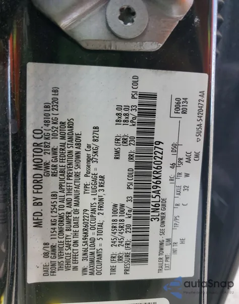 2019 Lincoln Mkz z USA, uszkodzony, nr VIN 3LN6L5A96KR602279